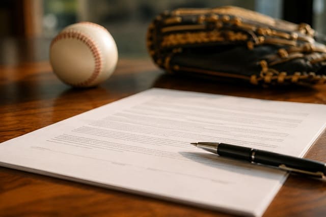 4年総額12億円の契約をイメージした書類とペン、野球ボールとグローブを木製テーブルに配置した写真風イメージ。加藤貴之の大型契約の内容やFA残留交渉の背景を表現している。